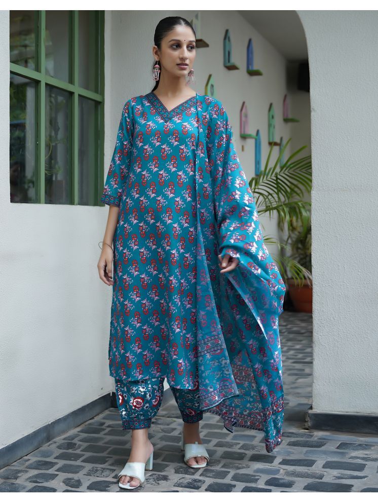     			Skylee Rayon Printed Kurti With Salwar Women's Stitched Salwar Suit - Teal ( Pack of 1 )