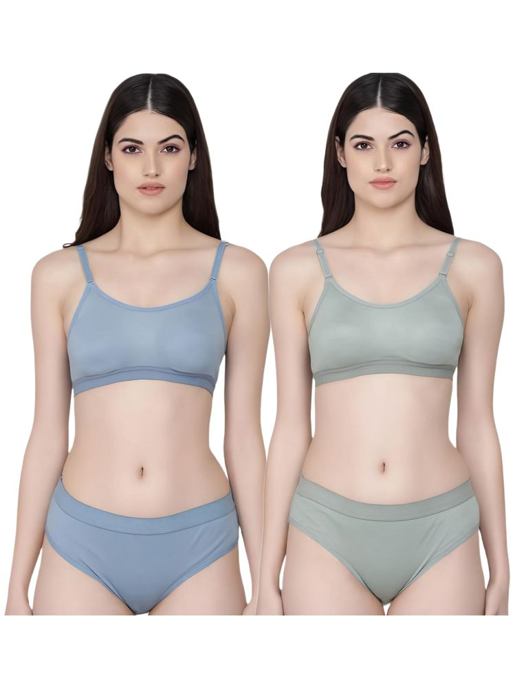     			FVCO Blue,Green Sports Bra Cotton Blend Women's Bra & Panty Set ( Pack of 2 )