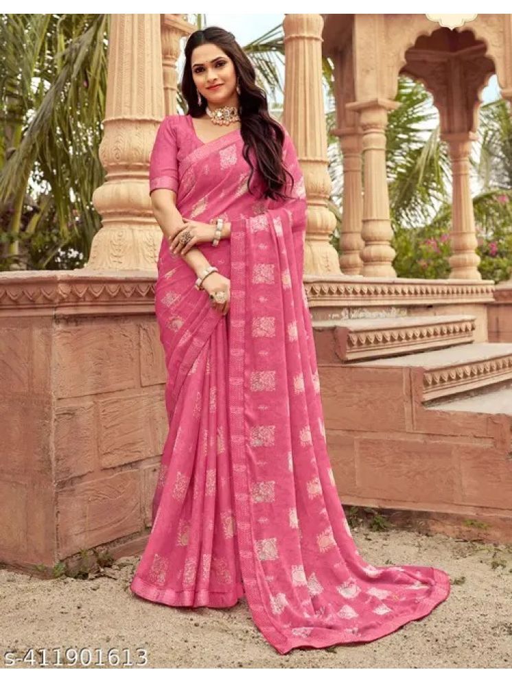     			Nandini Creation Chiffon Printed Saree With Blouse Piece - Pink ( Pack of 1 )