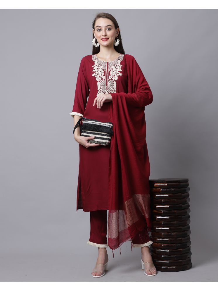     			Rajnandini Cotton Embroidered Kurti With Pants Women's Stitched Salwar Suit - Maroon ( Pack of 1 )