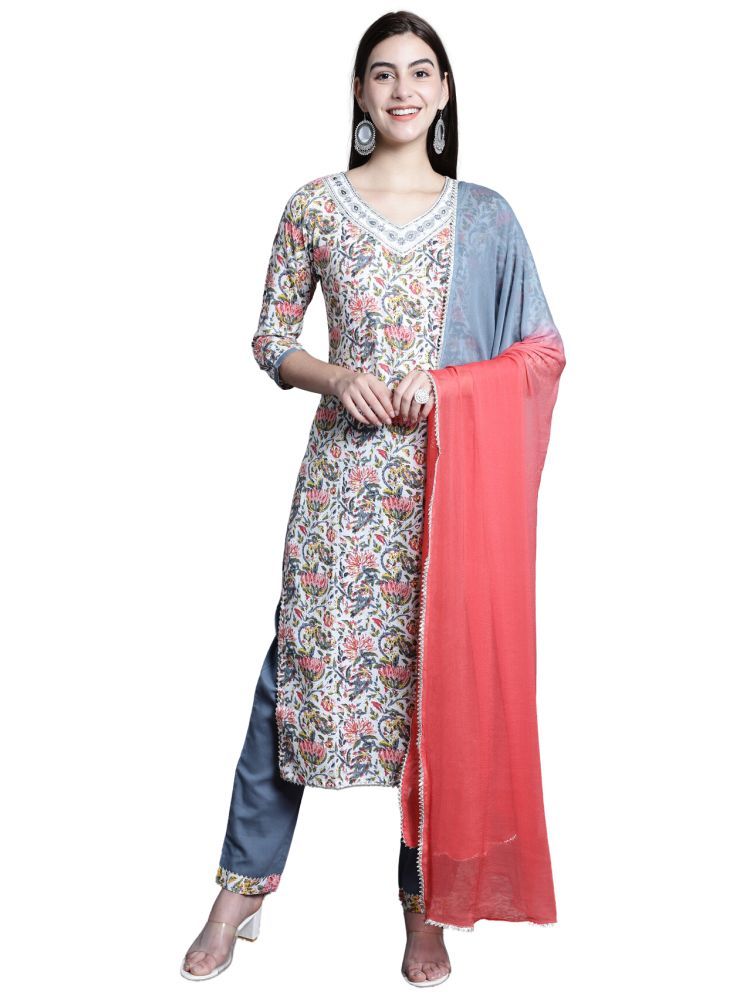     			Rajnandini Cotton Printed Kurti With Pants Women's Stitched Salwar Suit - White ( Pack of 1 )