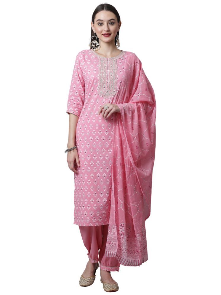     			Rajnandini Cotton Printed Kurti With Pants Women's Stitched Salwar Suit - Pink ( Pack of 1 )