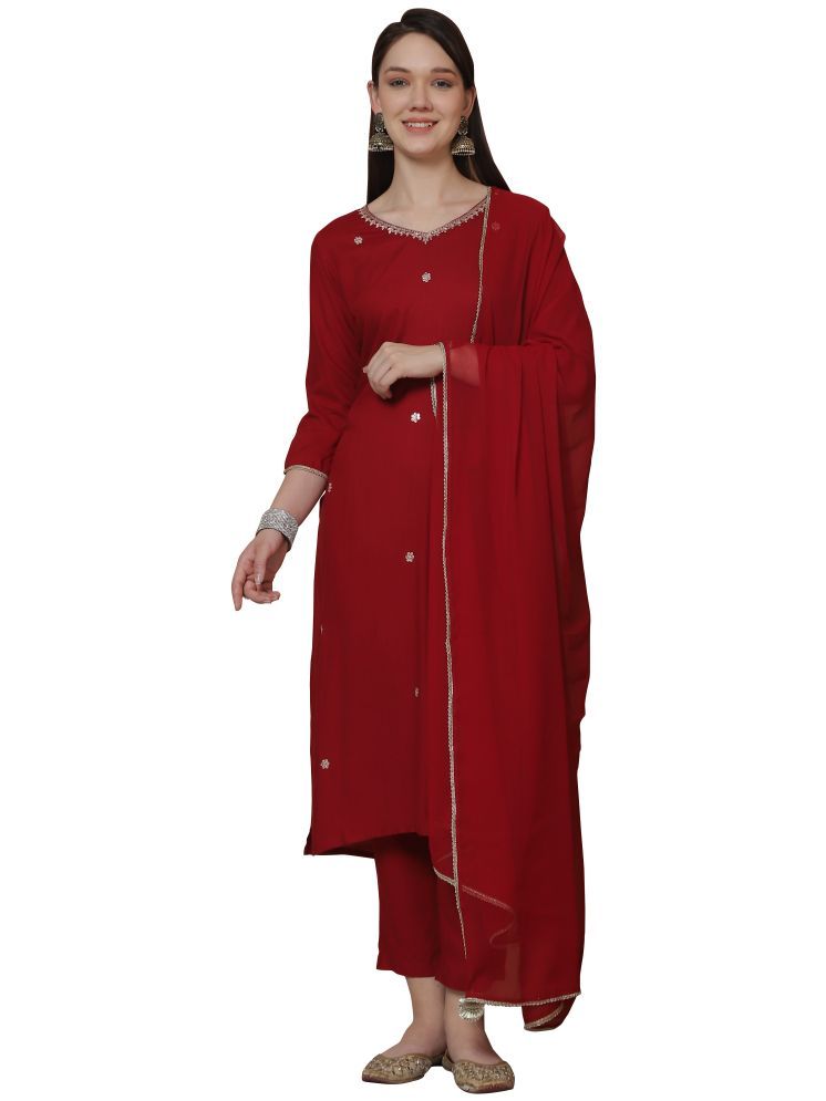     			Rajnandini Rayon Embellished Kurti With Pants Women's Stitched Salwar Suit - Maroon ( Pack of 1 )