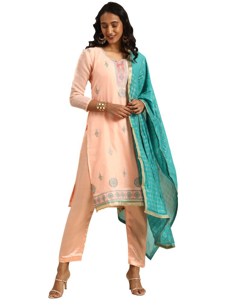     			Rajnandini Unstitched Chanderi Embroidered Dress Material - Peach ( Pack of 1 )