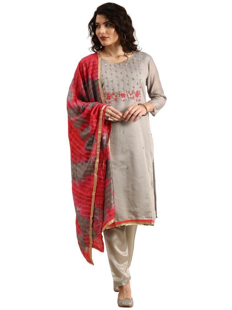     			Rajnandini Unstitched Chanderi Embroidered Dress Material - Light Grey ( Pack of 1 )