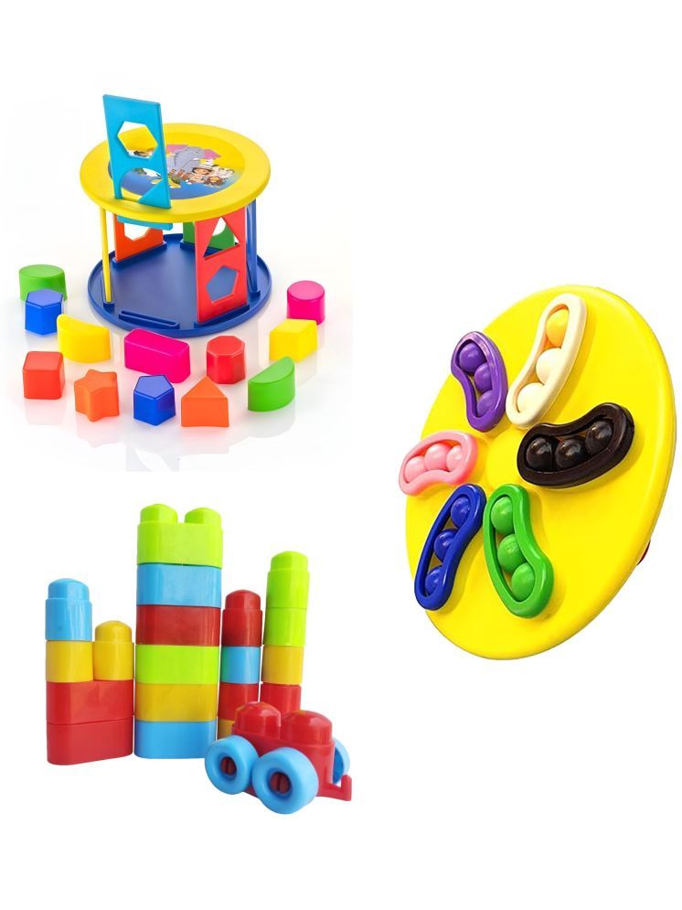     			TOY DEKHO Combo of 3 (Shape Sorting Cylinder + Magic Spin + Building Bricks Block  Including Wheels)  Educational Learning Toys  Shapes & Colour Recognition Toys for Boys Girls Age 2 3 4 5 6+ Years (Plastic, Multicolour)