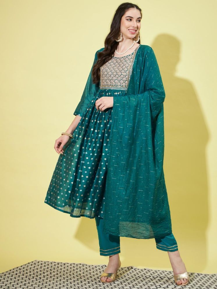     			VredeVogel Chanderi Embroidered Kurti With Pants Women's Stitched Salwar Suit - Teal ( Pack of 1 )