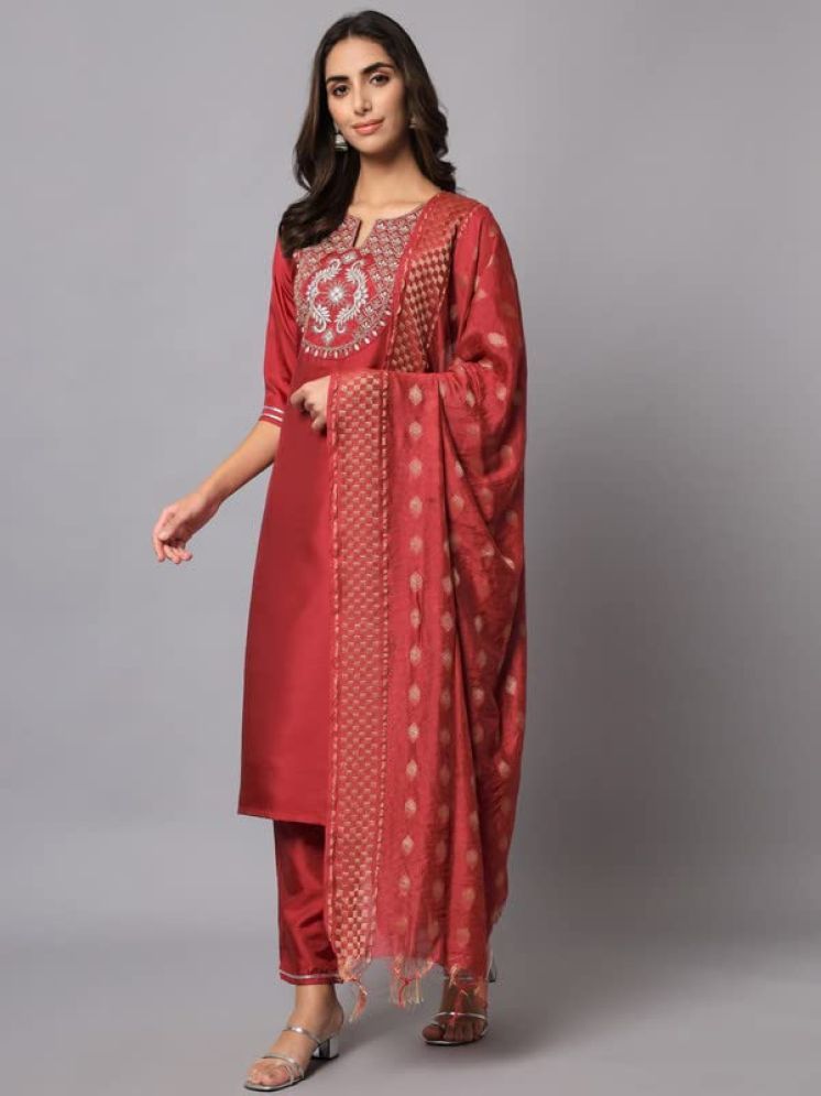     			VredeVogel Cotton Silk Embroidered Kurti With Pants Women's Stitched Salwar Suit - Red ( Pack of 1 )