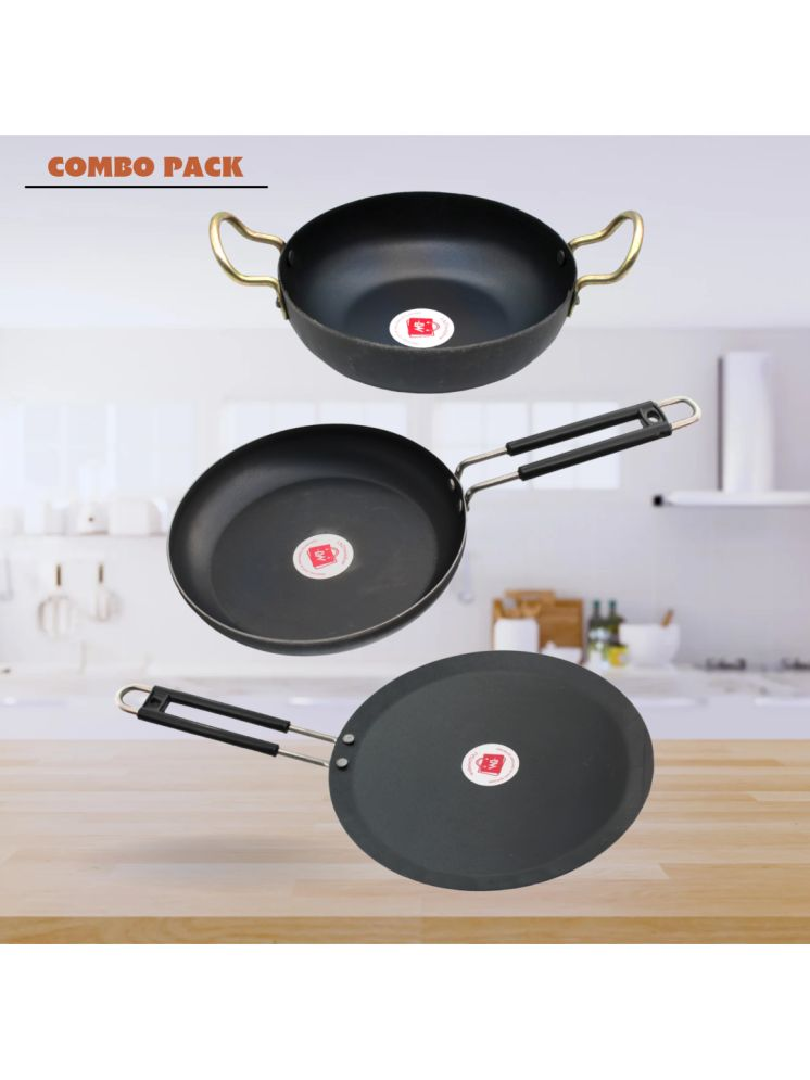     			LAZYWINDOW Kadai Tadka Pan Tawa Black Iron No Coating Cookware Sets ( Set of 3 )