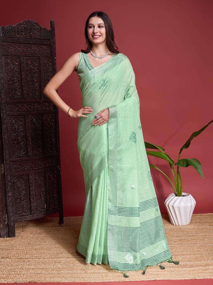     			Rekha Maniyar Linen Self Design Saree With Blouse Piece - Green ( Pack of 1 )