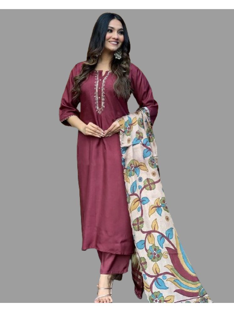     			VARNI VESH Cotton Silk Embroidered Kurti With Pants Women's Stitched Salwar Suit - Coffee ( Pack of 1 )