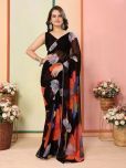 BLEESBURY Chiffon Printed Saree With Blouse Piece - Black ( Pack of 1 )