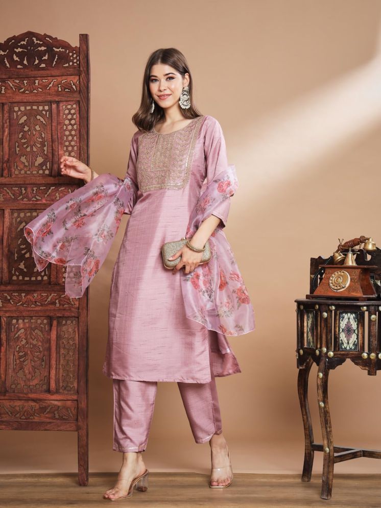     			VredeVogel Silk Blend Embroidered Kurti With Pants Women's Stitched Salwar Suit - Pink ( Pack of 1 )