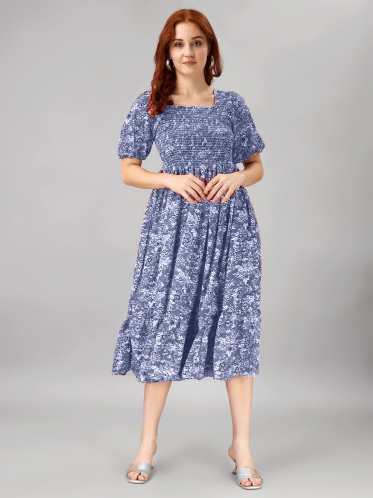     			JASH CREATION Polyester Printed Midi Women's Fit & Flare Dress - Blue ( Pack of 1 )