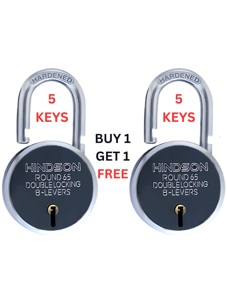     			Foora Lock and Keys Door Lock for Home - Round 65mm Pack of 2 Padlocks with 5 Keys and Key Chain, 8 Lever Double Locking for Gates, Shop Shutters, Silver Finish, Buy One Get One Free