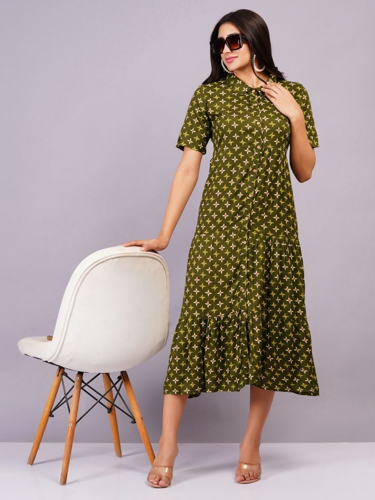     			JC4U Rayon Printed Midi Women's Shirt Dress - Green ( Pack of 1 )