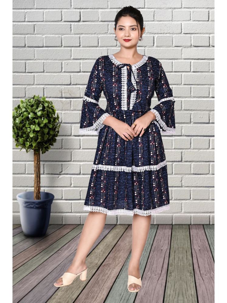     			LENYRUIZ- Fashion Rayon Printed Flared Women's Kurti - Navy Blue ( Pack of 1 )