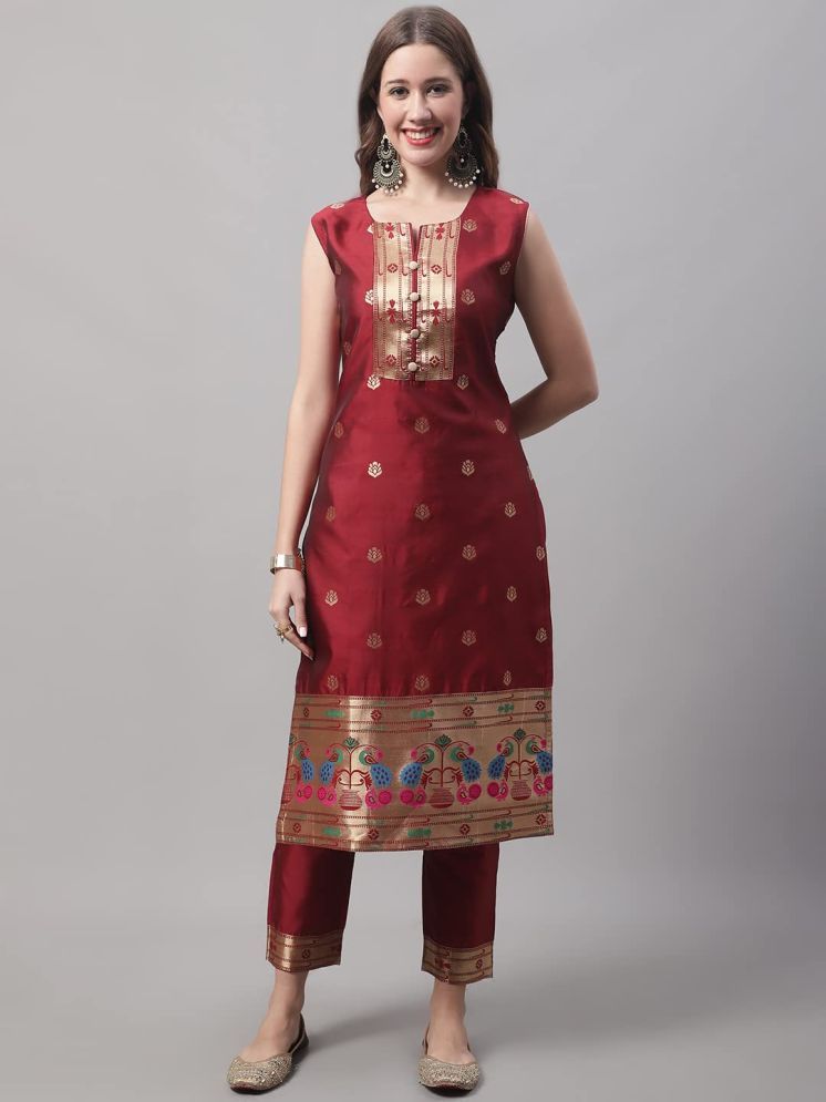     			VredeVogel Cotton Silk Embellished Kurti With Pants Women's Stitched Salwar Suit - Maroon ( Pack of 1 )