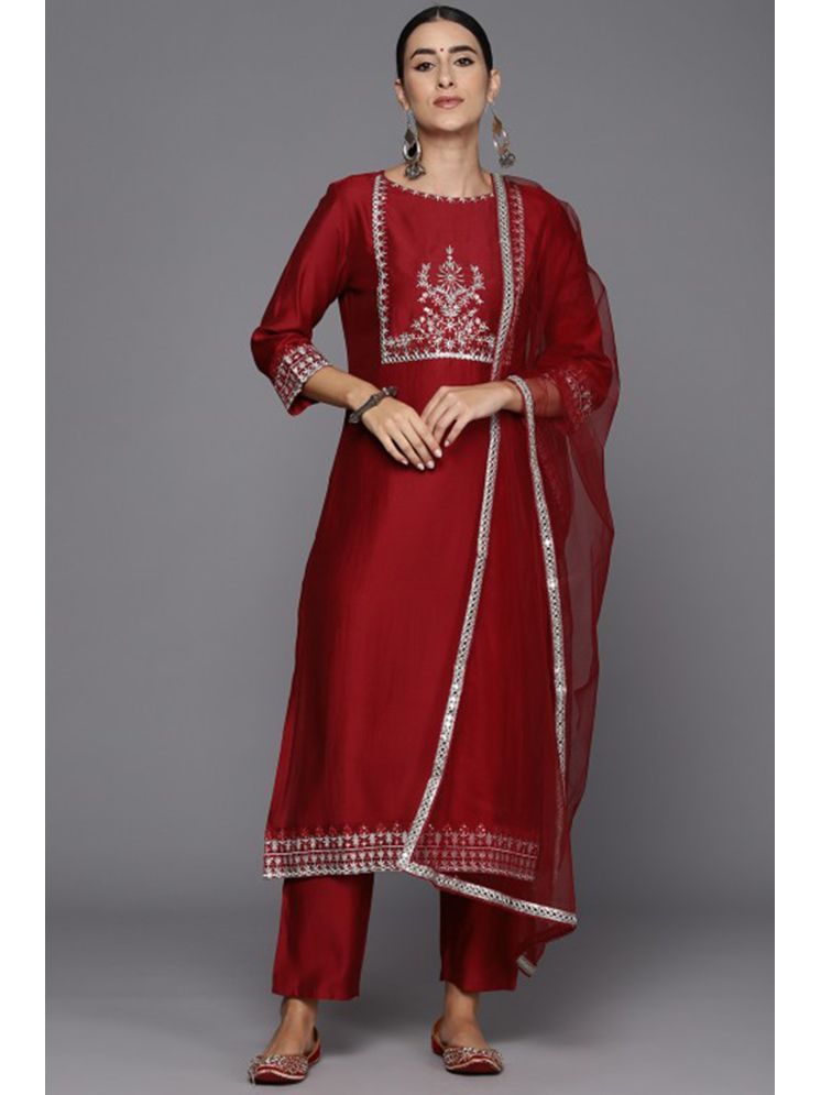     			VARNI VESH Cotton Silk Embroidered Kurti With Pants Women's Stitched Salwar Suit - Red ( Pack of 1 )