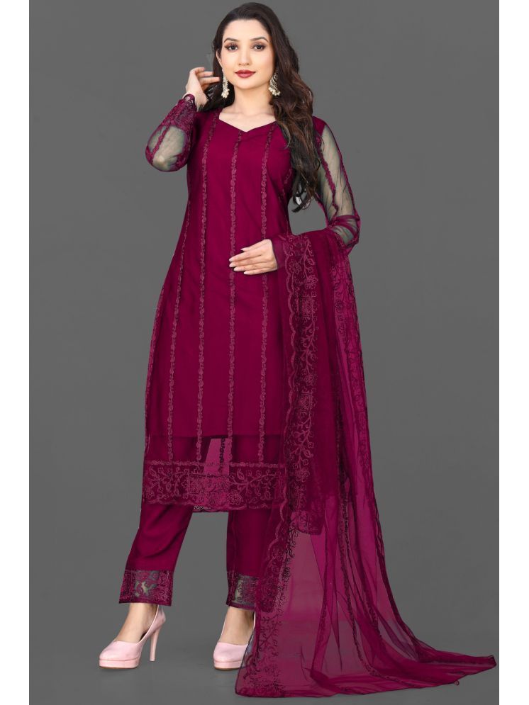     			LEKHIT Net Striped Kurti With Pants Women's Stitched Salwar Suit - Burgundy ( Pack of 1 )