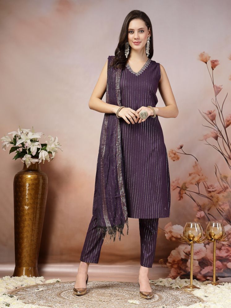     			Stylum Cotton Blend Self Design Kurti With Pants Women's Stitched Salwar Suit - Violet ( Pack of 1 )