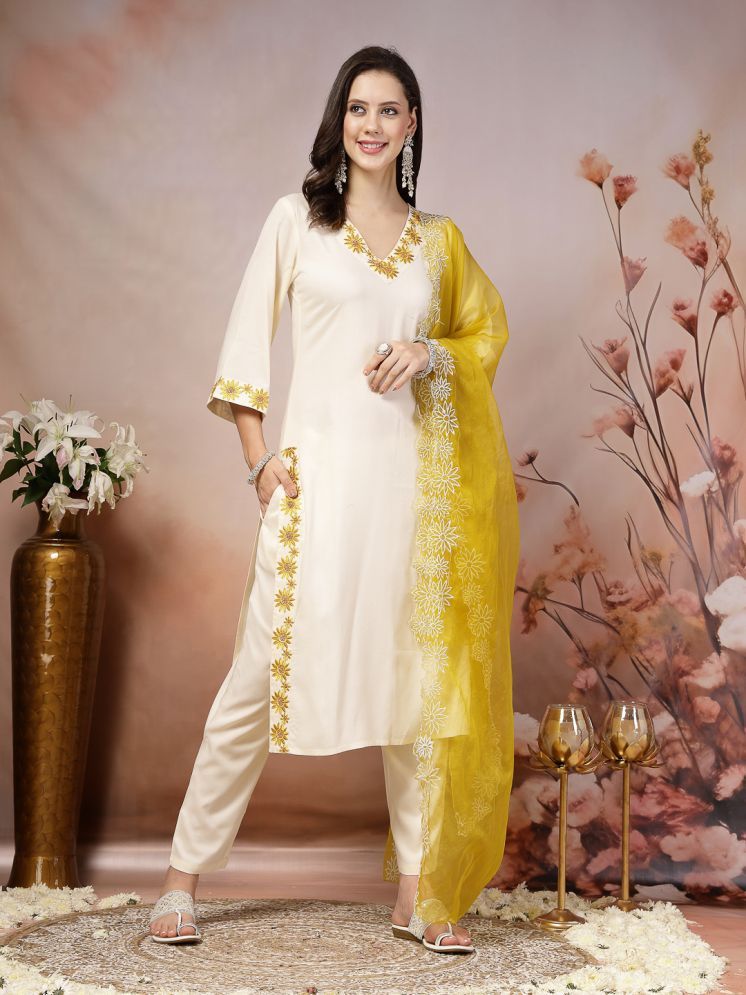     			Stylum Rayon Embroidered Kurti With Pants Women's Stitched Salwar Suit - Cream ( Pack of 1 )