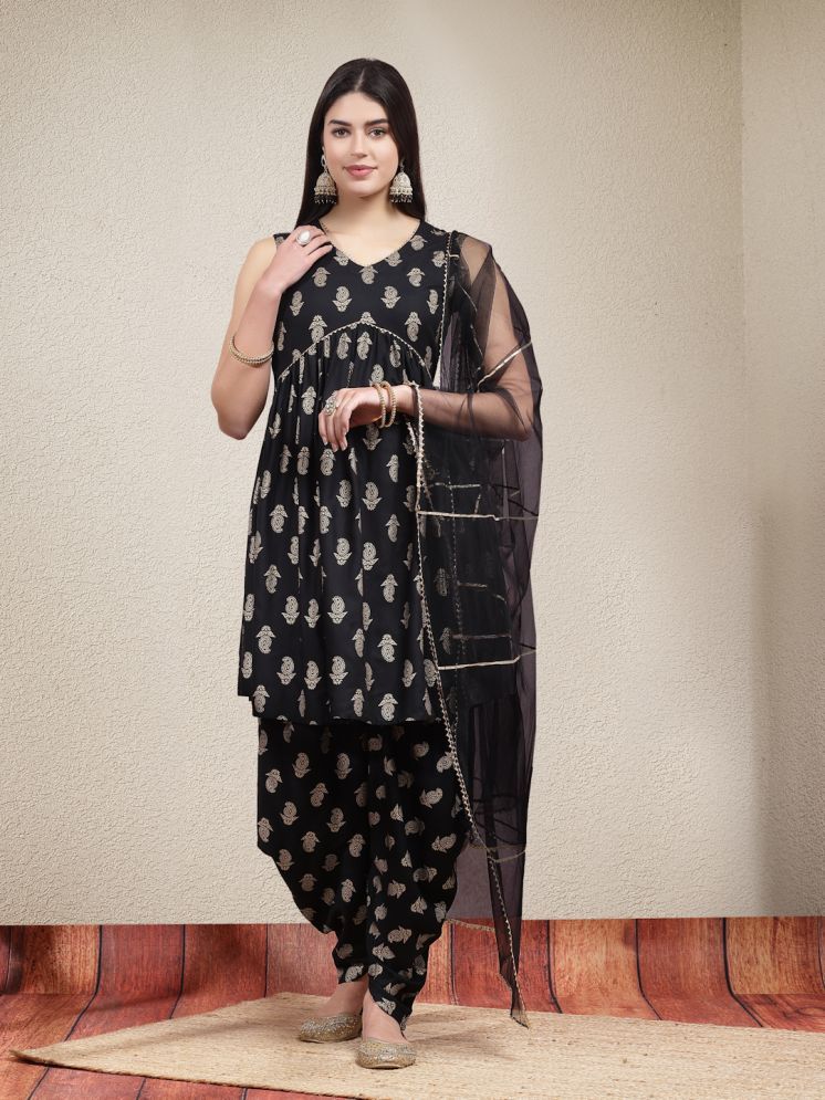     			Stylum Rayon Printed Kurti With Dhoti Pants Women's Stitched Salwar Suit - Black ( Pack of 1 )