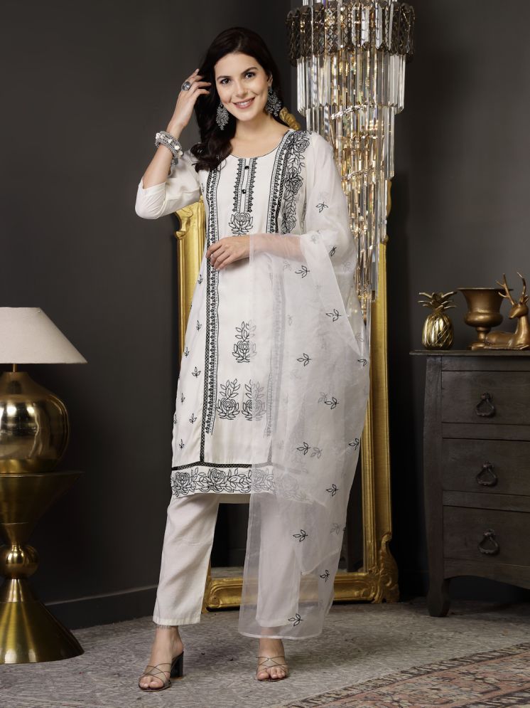     			Stylum Silk Blend Embroidered Kurti With Pants Women's Stitched Salwar Suit - White ( Pack of 1 )