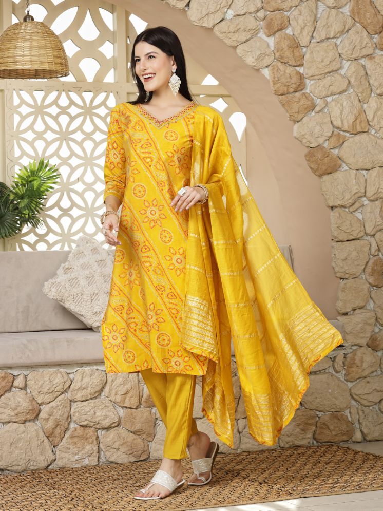     			Stylum Silk Blend Printed Kurti With Pants Women's Stitched Salwar Suit - Yellow ( Pack of 1 )