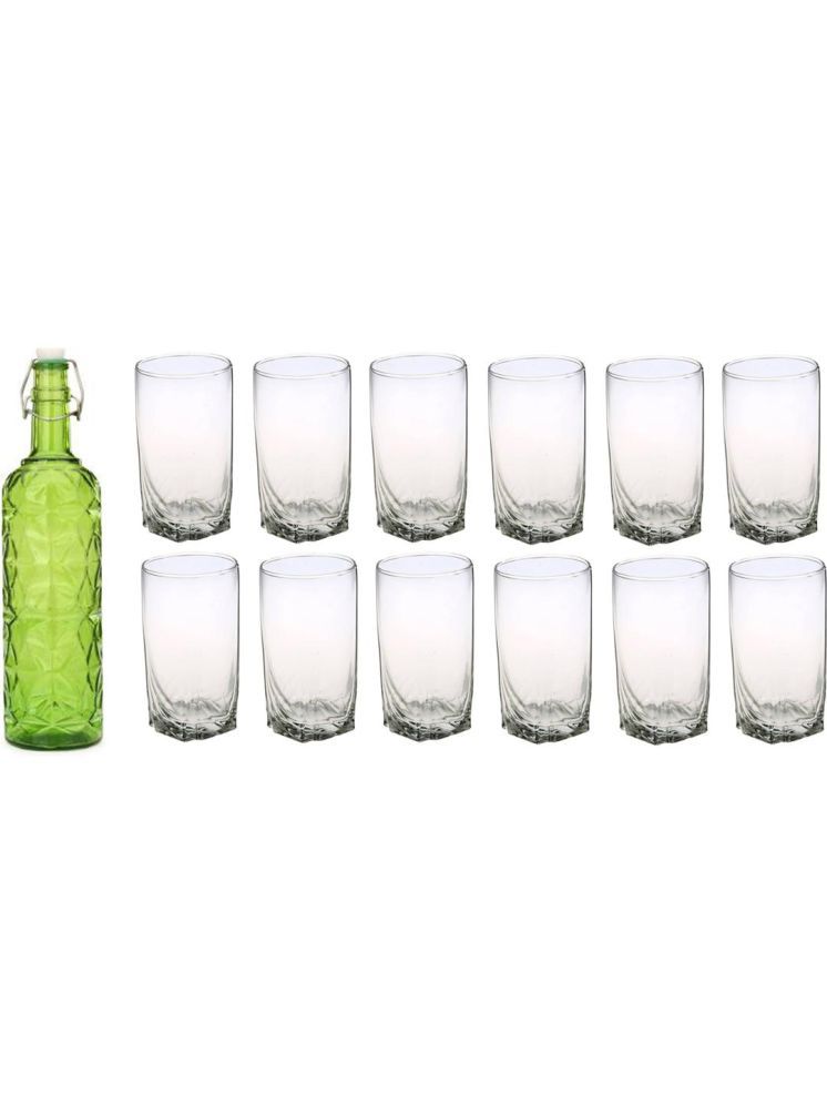     			1st Time Glass Serving Set with Bottle Green Glass Fridge Water Bottle 300 mL ( Set of 13 )