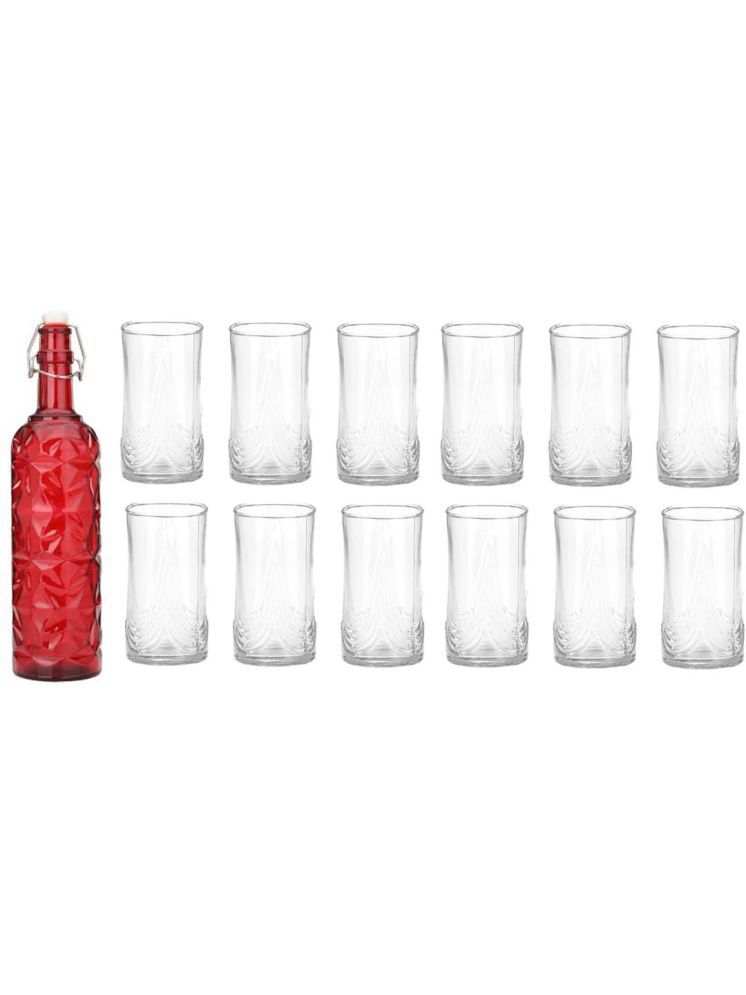     			1st Time Glass Serving Set with Bottle Red Glass Fridge Water Bottle 300 mL ( Set of 13 )