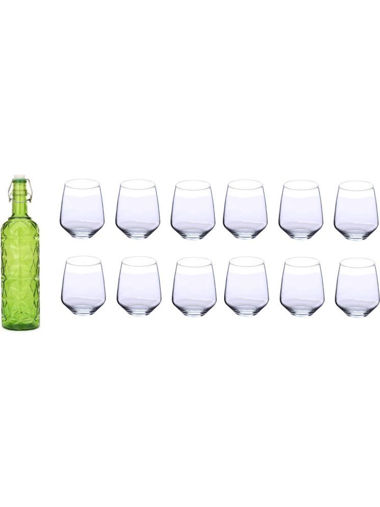     			1st Time Glass Serving Set with Bottle Green Glass Fridge Water Bottle 350 mL ( Set of 13 )