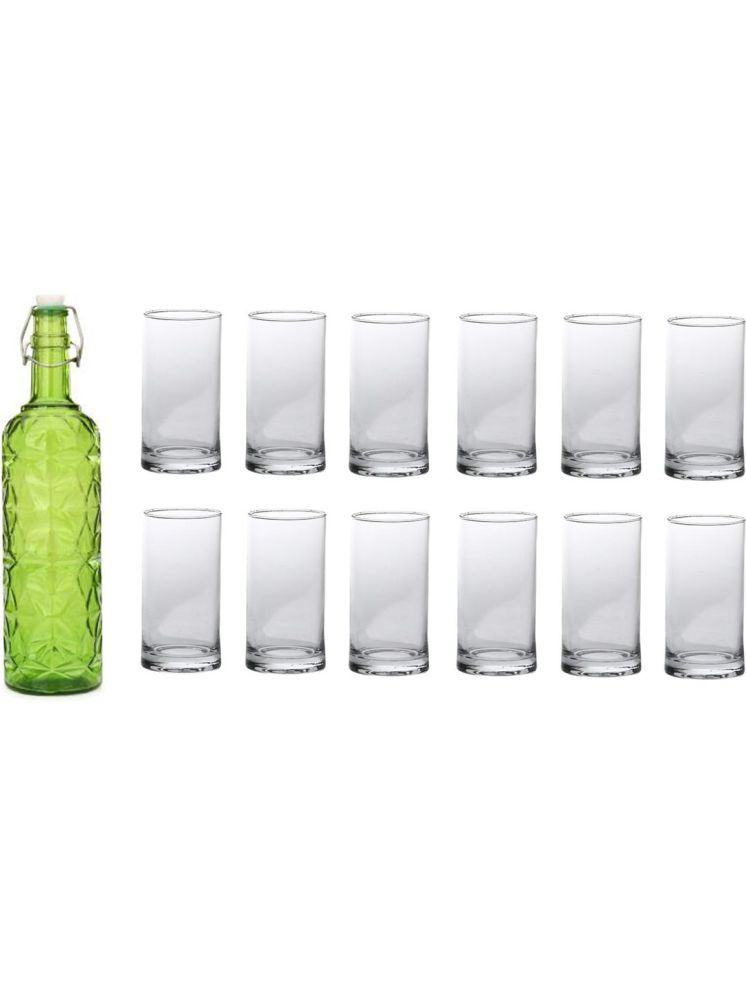     			1st Time Glass Serving Set with Bottle Green Glass Fridge Water Bottle 300 mL ( Set of 13 )