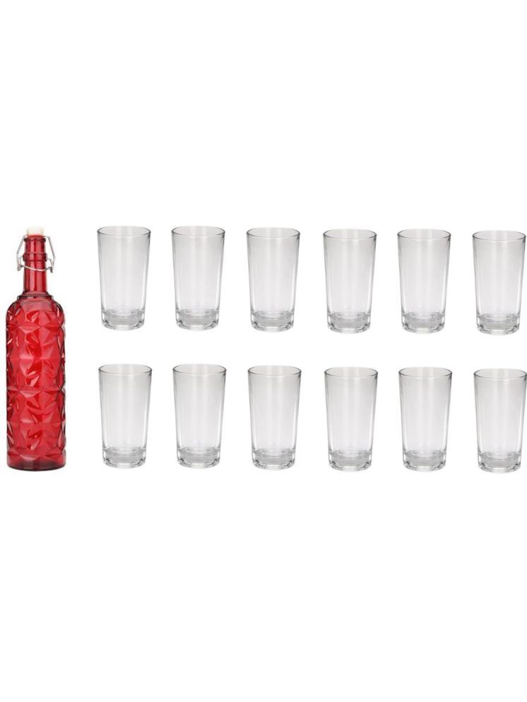     			1st Time Glass Serving Set with Bottle Red Glass Fridge Water Bottle 250 mL ( Set of 13 )