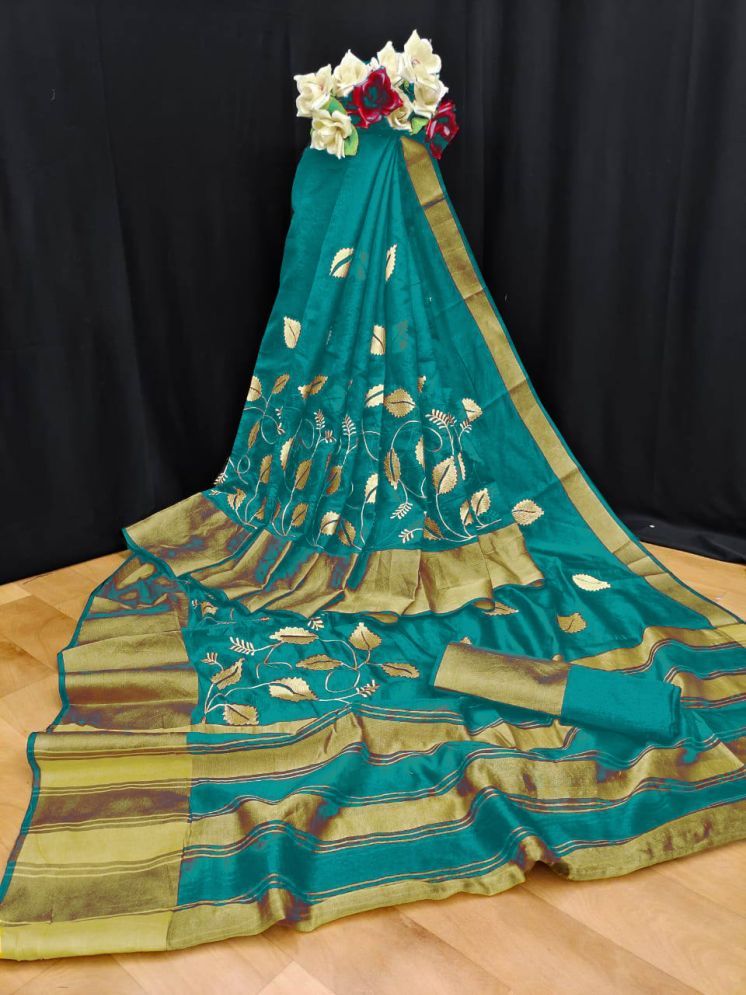     			Bhuwal Fashion Cotton Silk Embroidered Saree With Blouse Piece - Turquoise ( Pack of 1 )