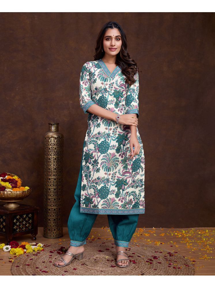     			MOJILAA Cotton Printed Kurti With Salwar Women's Stitched Salwar Suit - Sea Green ( Pack of 1 )