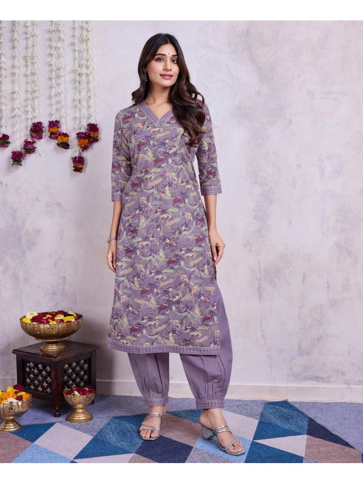     			MOJILAA Cotton Printed Kurti With Salwar Women's Stitched Salwar Suit - Lavender ( Pack of 1 )