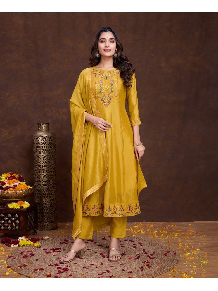     			MOJILAA Silk Embroidered Kurti With Pants Women's Stitched Salwar Suit - Mustard ( Pack of 1 )