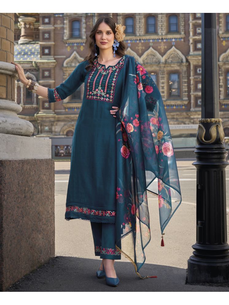     			MOJILAA Viscose Embroidered Kurti With Pants Women's Stitched Salwar Suit - Teal ( Pack of 1 )