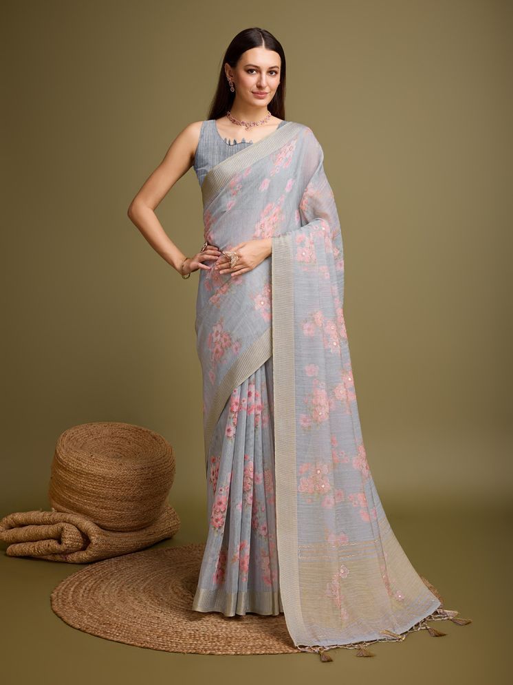     			Rekha Maniyar Tissue Printed Saree With Blouse Piece - Grey ( Pack of 1 )