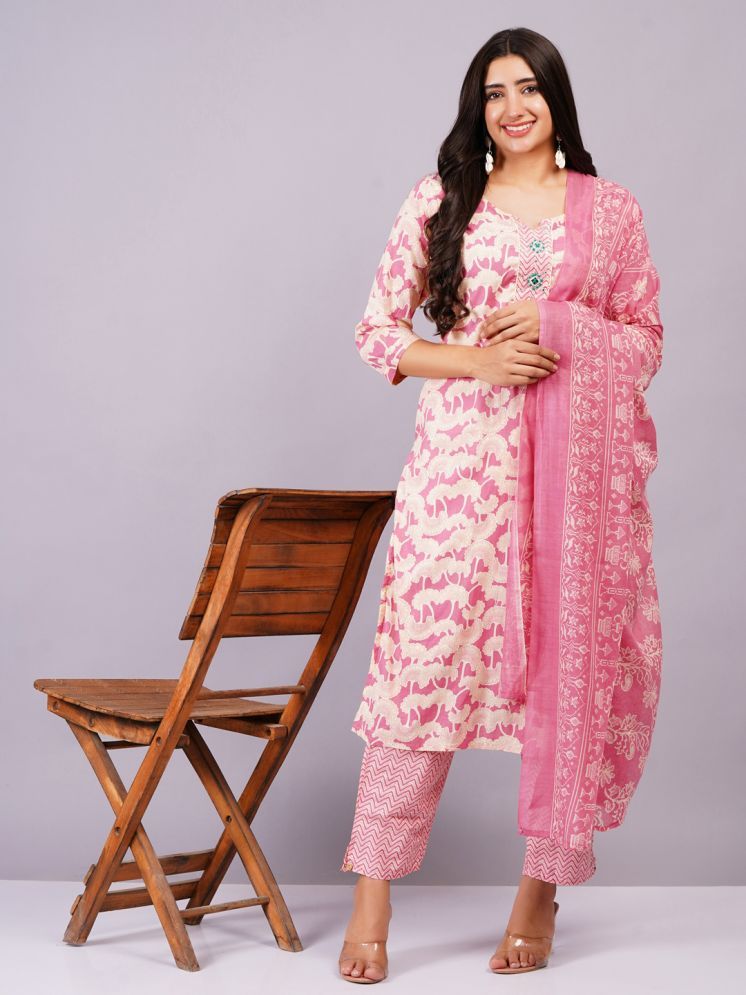     			JC4U Cotton Printed Kurti With Pants Women's Stitched Salwar Suit - Pink ( Pack of 1 )