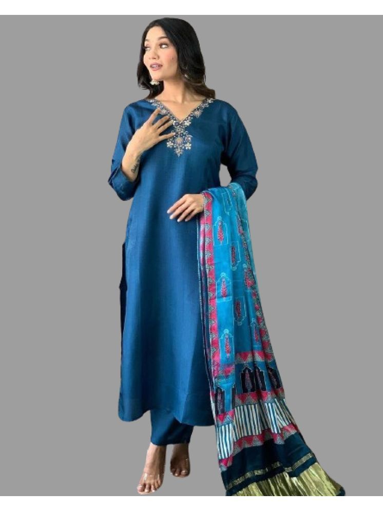     			LEKHIT Cotton Silk Embroidered Kurti With Pants Women's Stitched Salwar Suit - Blue ( Pack of 1 )