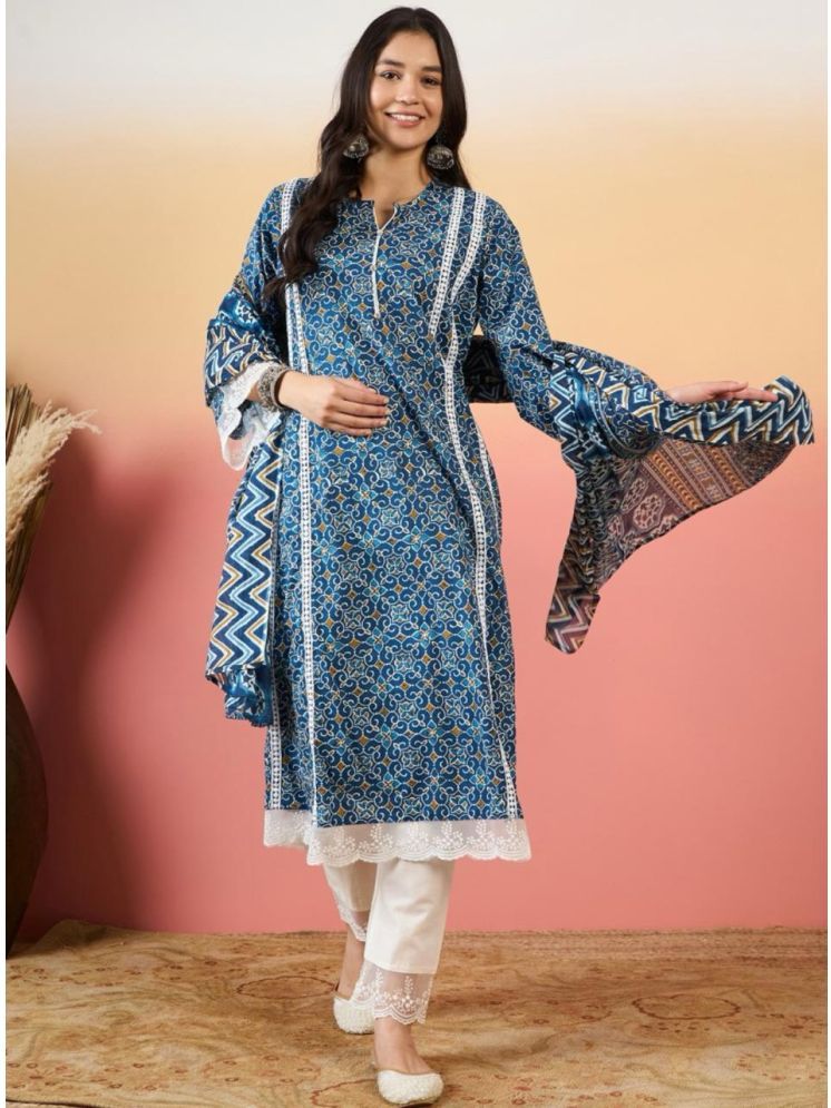     			Heavenly Attire Cotton Printed Kurti With Pants Women's Stitched Salwar Suit - Blue ( Pack of 1 )