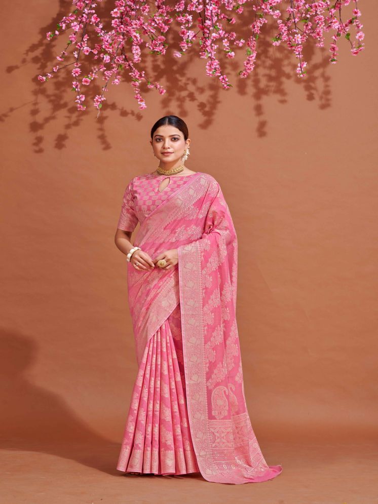     			KRIMMPLE Cotton Blend Woven Saree With Blouse Piece - Pink ( Pack of 1 )