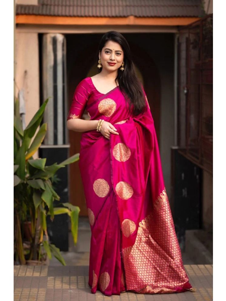     			Lady Shopi Banarasi Silk Embellished Saree With Blouse Piece - Pink ( Pack of 1 )