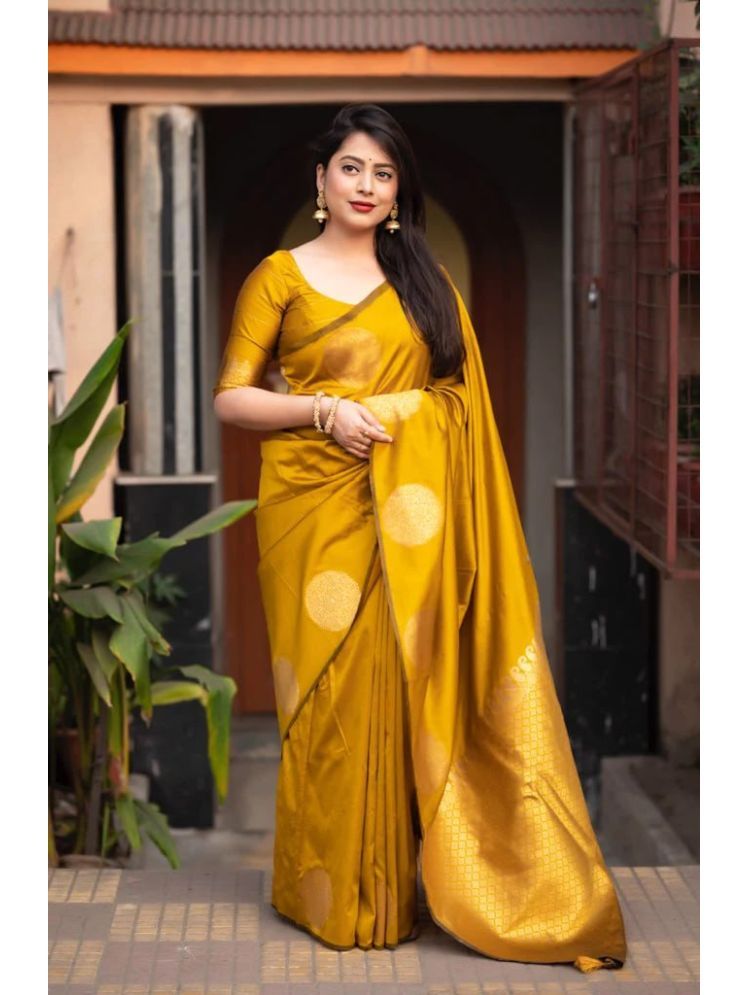     			Lady Shopi Banarasi Silk Embellished Saree With Blouse Piece - Yellow ( Pack of 1 )