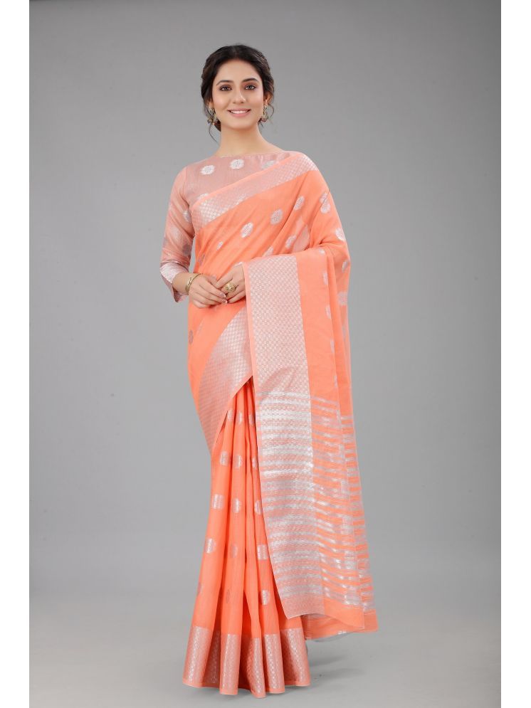     			Lady Shopi Cotton Silk Embellished Saree With Blouse Piece - Peach ( Pack of 1 )