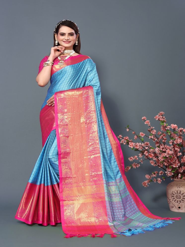     			Lady Shopi Jacquard Embellished Saree With Blouse Piece - SkyBlue ( Pack of 1 )