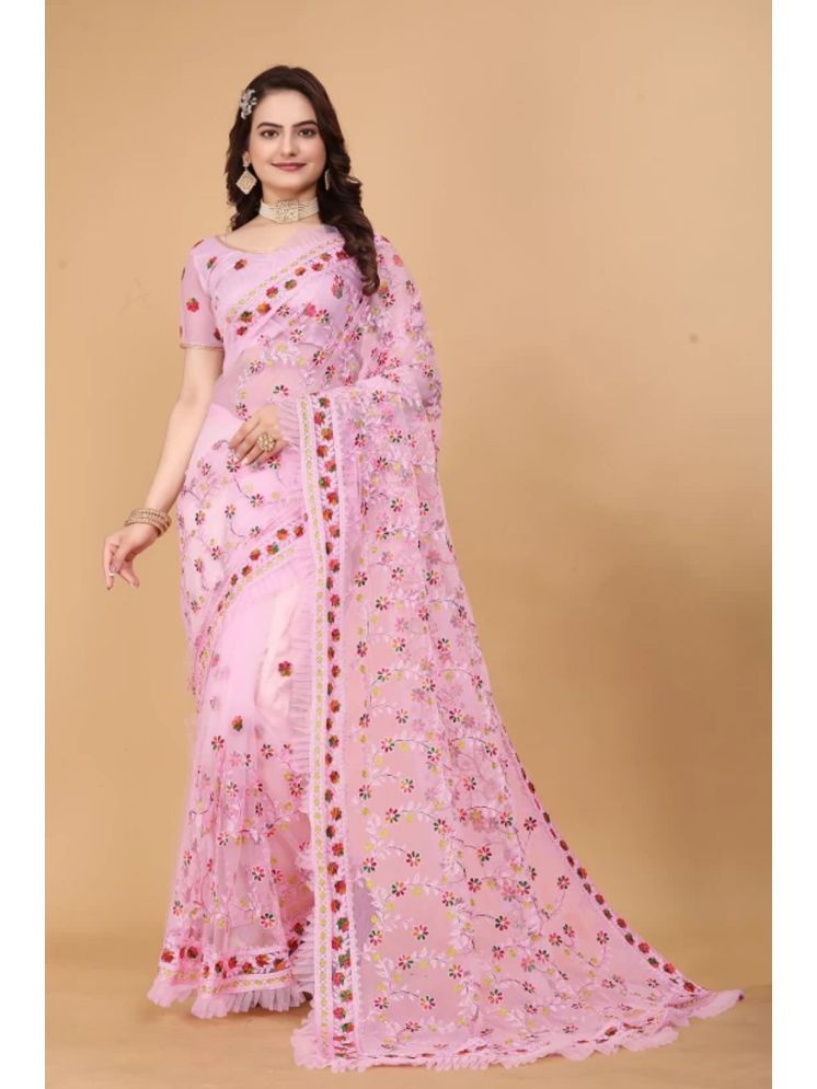     			Lady Shopi Net Embroidered Saree With Blouse Piece - Pink ( Pack of 1 )