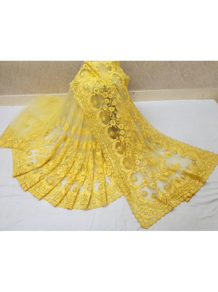     			Lady Shopi Net Embroidered Saree With Blouse Piece - Yellow ( Pack of 1 )